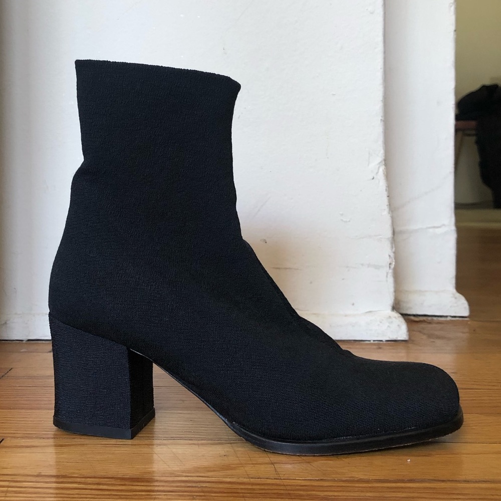 ESPACE France 90’s Black Nylon Ankle Sock Boots 2.5” heel. Size US 5 35.5
